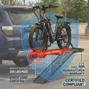 Illustration demonstrating the high weight capacity of a hitch bike rack with ramp warranty for heavy electric bikes.