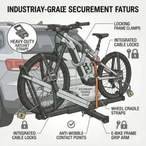 Close-up of the industrial-grade straps and frame locks on a hitch bike rack with ramp highway safe.
