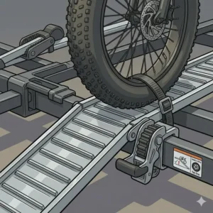 Close-up illustration of the locking mechanism of a hitch bike rack with ramp for family.