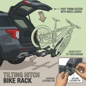 A dynamic illustration showing how a hitch bike rack with ramp usa made can tilt away from a vehicle to provide trunk access while bikes are loaded.