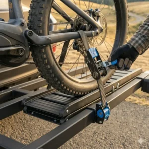 Secure wheel cradles and heavy duty straps holding a fat tire bike on a hitch bike rack with ramp for travel.