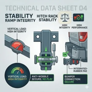 Infographic showing the center of gravity and weight distribution for a hitch bike rack with ramp stability test.