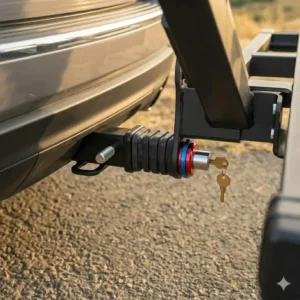 An anti wobble hitch receiver lock assembly on a hitch bike rack with ramp for travel for stable highway driving.