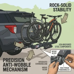A technical illustration displaying the anti-wobble hitch connection mechanism on a premium hitch bike rack with ramp usa made.