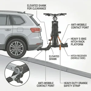 Side view showing the elevated shank for improved ground clearance on a hitch bike rack with ramp highway safe.