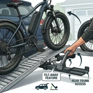 Illustration of the tilt-away feature on a hitch bike rack with ramp amazon for easy trunk access.