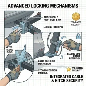 Close-up illustration of the secure locking pins and anti-wobble features on this hitch bike rack with ramp best seller.