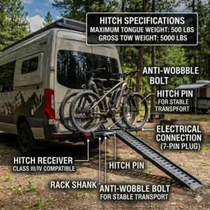 A close-up illustration focusing on the heavy-duty locking systems, anti-wobble pins, and security features that protect this valuable hitch bike rack with ramp for camping.