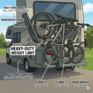 Technical diagram showing the high weight-bearing capacity of a hitch bike rack with ramp for long trips for heavy e-bikes.