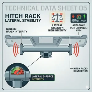 High-speed road vibration simulation for a hitch bike rack with ramp stability test.