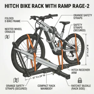Illustration of the compact folding storage position of a hitch bike rack with ramp highway safe when not in use.