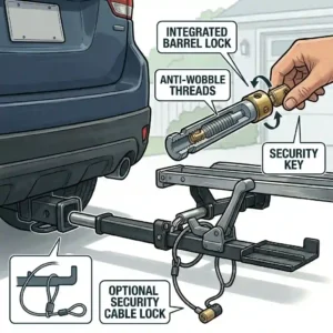 Close-up of the security and locking mechanisms for a hitch bike rack with ramp amazon.