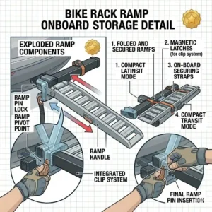 Instructional image showing how the ramp is stored onboard our hitch bike rack with ramp best seller.