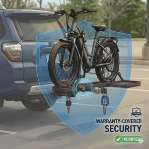 Close-up illustration of the secure locking mechanism on a hitch bike rack with ramp warranty.