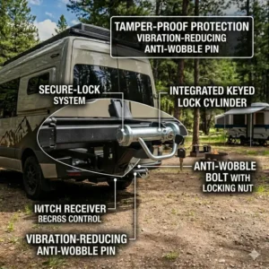This graphic shows how the rack can be folded upright and into a very compact position when not in use, showcasing easy storage of this hitch bike rack with ramp for camping.