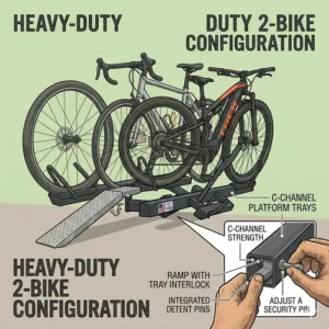 An illustrative diagram of a 2-bike platform configuration for a hitch bike rack with ramp usa made, showing independent wheel securement.