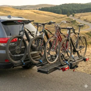 A versatile platform style hitch bike rack with ramp for travel holding an ebike and a mountain bike.