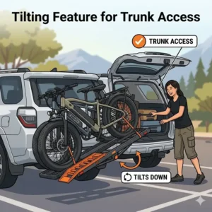 Showing the convenient tilt-down feature to access the vehicle trunk while using a hitch bike rack with ramp for long trips.