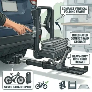 Illustration of a compact folding hitch bike rack with ramp amazon stored in a garage.