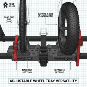 Close-up of the adjustable wheel trays on this hitch bike rack with ramp best seller, fitting various tire sizes.