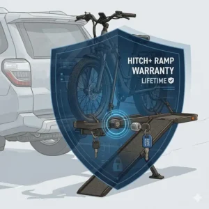 An illustration of a rust-resistant hitch bike rack with ramp warranty under harsh weather conditions.
