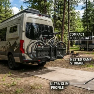 An explanatory drawing showing exactly where the metallic loading ramp is securely stored within the frame structure of the hitch bike rack with ramp for camping when not needed.