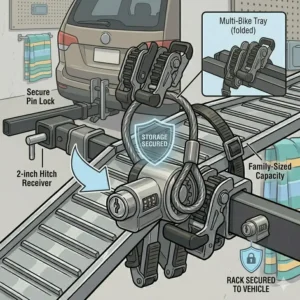 A 2-inch receiver receiver connection for installing a hitch bike rack with ramp for family.