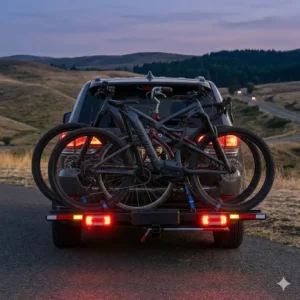 A rear safety view at night of a hitch bike rack with ramp for travel featuring integrated reflectors and LED brake lights.