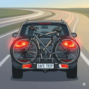 Rear view highlighting tail light visibility and safety compliance of a hitch bike rack with ramp highway safe.