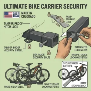 A detailed technical diagram showing the multi-point security system, including hitch and cable locks, of a hitch bike rack with ramp usa made.