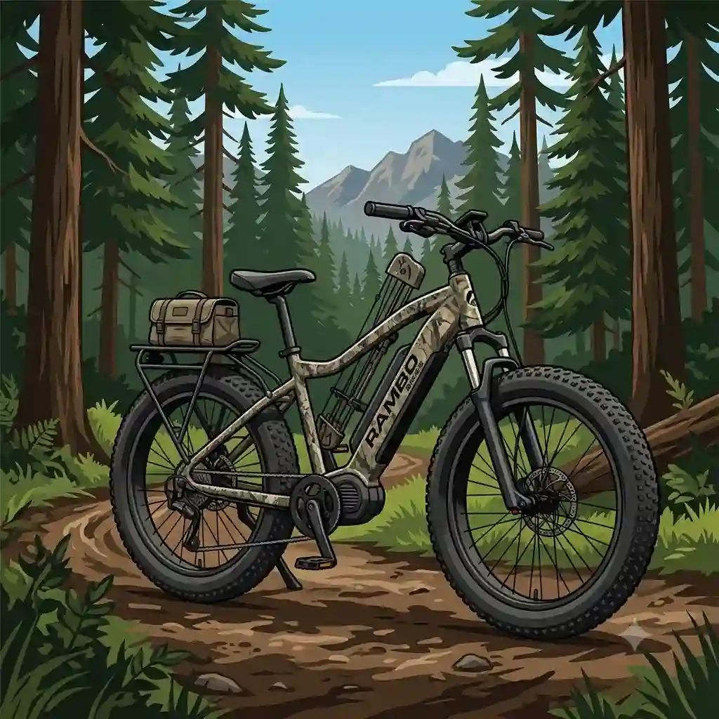 A high-quality Rambo bikes electric hunting ebike parked on a dirt trail in a dense forest.