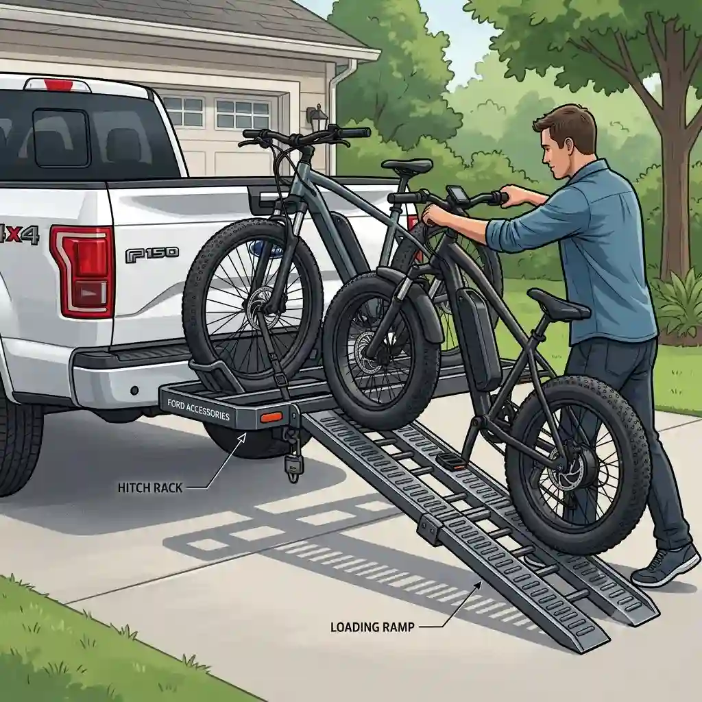 A comprehensive illustration of a hitch bike rack with ramp for ford f150 installed on a white pickup truck in a suburban driveway.