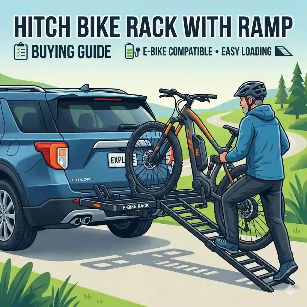 A comprehensive hitch bike rack with ramp buying guide featured image showing a person easily guiding a heavy electric bike up a segmented ramp onto a tray rack.