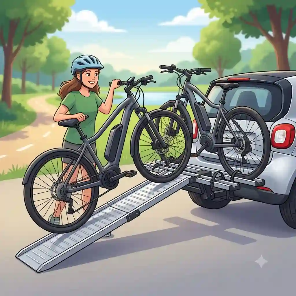 A beginner woman uses a hitch bike rack with ramp for beginners to load electric bicycles.
