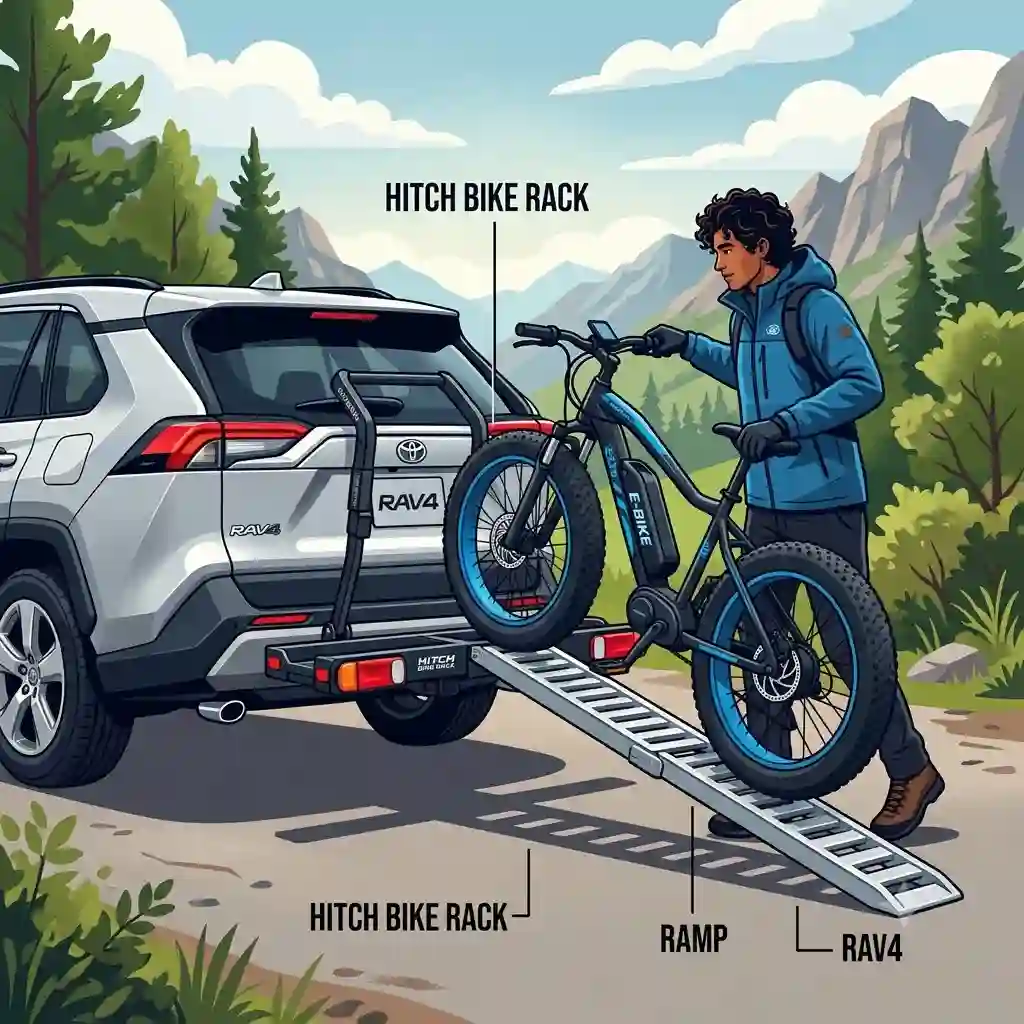 A heavy-duty hitch bike rack with an integrated loading ramp installed on a Toyota RAV4, showcasing an electric bike being rolled up.