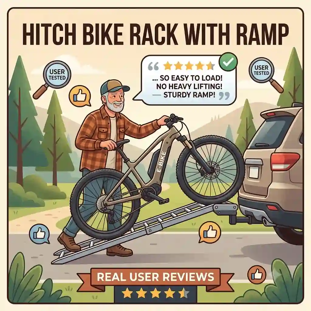 A real user loading an electric bike onto a vehicle using a specialized hitch bike rack with ramp real user reviews.
