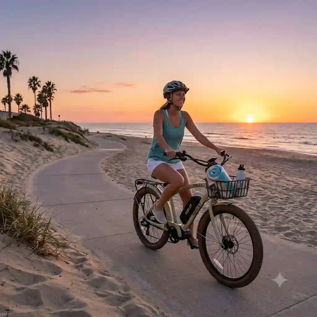 A person riding a stylish hurley electric bike along a coastal path during sunset.