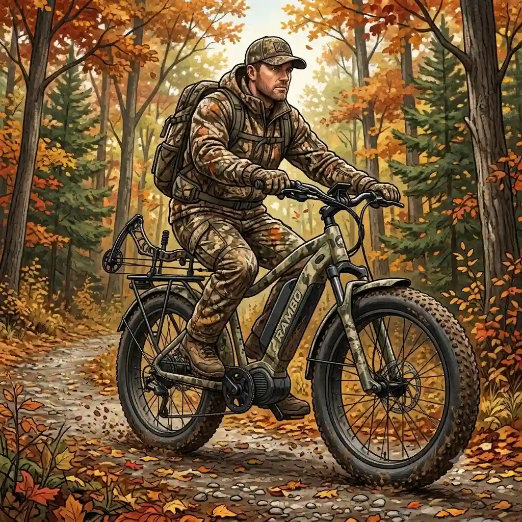 A hunter in full camouflage riding a rambo electric bike with fat tires through a dense forest trail.