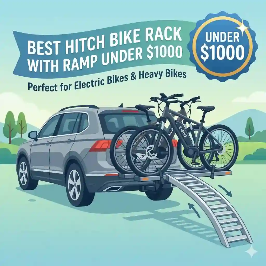 A featured image of a premium hitch bike rack with ramp under $1000 mounted on a vehicle.