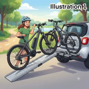 An illustration showing a woman loading a bike on a hitch bike rack with ramp for beginners.