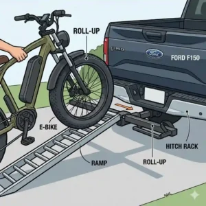 A detailed diagram showing how a user loads a heavy e-bike using the hitch bike rack with ramp for ford f150.