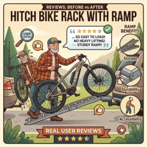 A cyclist struggling to lift a heavy electric bicycle onto a car trunk before finding a hitch bike rack with ramp real user reviews.