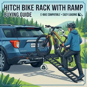 Illustration for a hitch bike rack with ramp buying guide focused on heavy electric bike compatibility, highlighting how the ramp supports the weight.