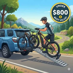 A cyclist easily loading a heavy electric bicycle onto a hitch bike rack with ramp under $800.