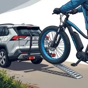 Step-by-step diagram showing a cyclist loading a heavy e-bike onto the hitch bike rack with ramp for toyota rav4.