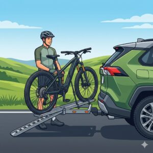 An illustration of a cyclist easily rolling a heavy electric bicycle using a hitch bike rack with ramp vs no ramp style setup.