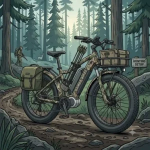 Illustration of a camo-patterned Rambo bikes model equipped with a front basket and rear gear rack for hunting.