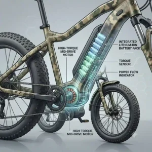 Close-up technical illustration of the high-torque mid-drive motor on a rambo electric bike.