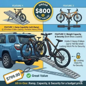 An educational infographic and comparison chart highlighting a hitch bike rack with ramp under $800.