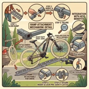 A detailed structural diagram showing the secure attachment point and mechanism of a high-quality hitch bike rack with ramp real user reviews.